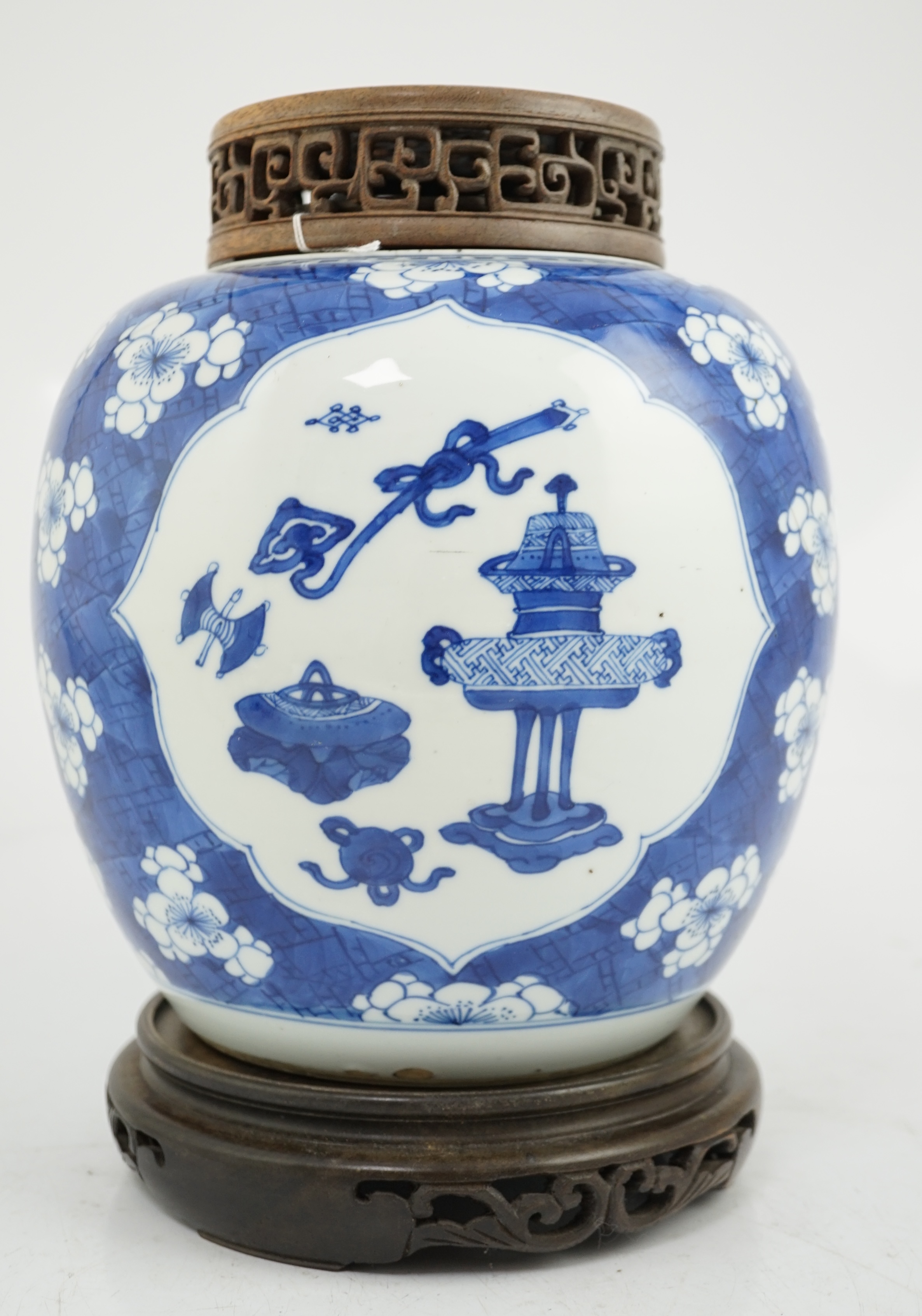 A Chinese blue and white ‘Antiques’ jar, Kangxi period, cracked